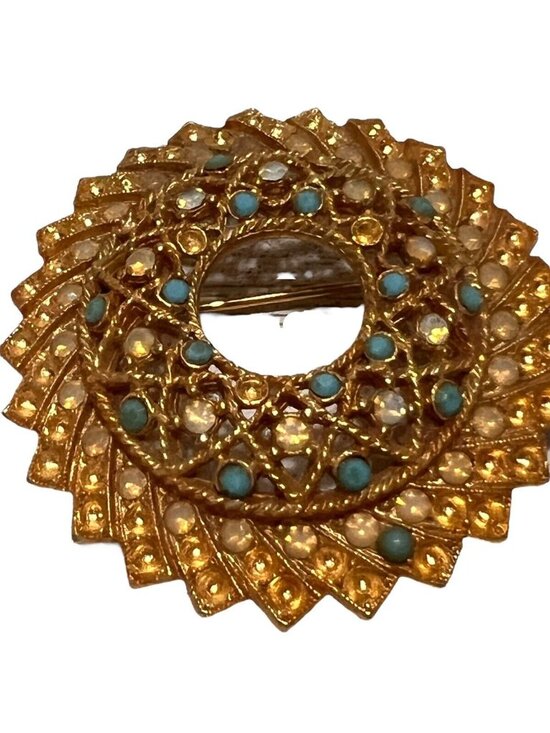 Fashion Jewelry Jewelry - Sarah Cov Signed Vintage Amber Turquoise Rhinestone Gold Costume Brooch Pin